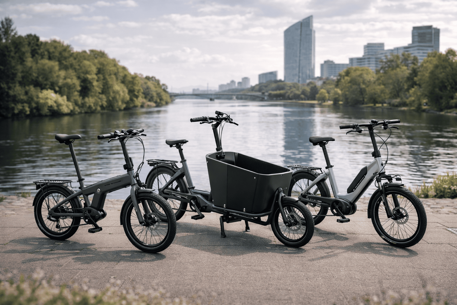E-Bikes am Flussufer bei Sonne E-Bikes am Flussufer bei Sonne