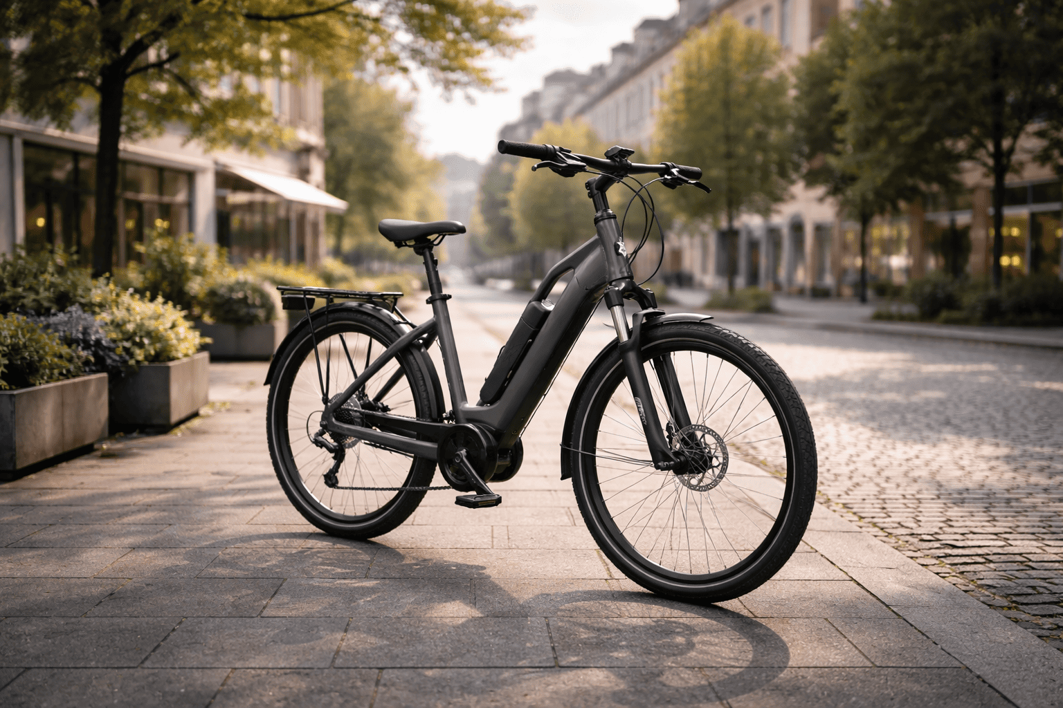 E-Bike auf Straßenpflaster bei Sonnenuntergang