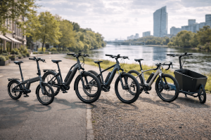 Fünf E-Bikes in städtischer Umgebung