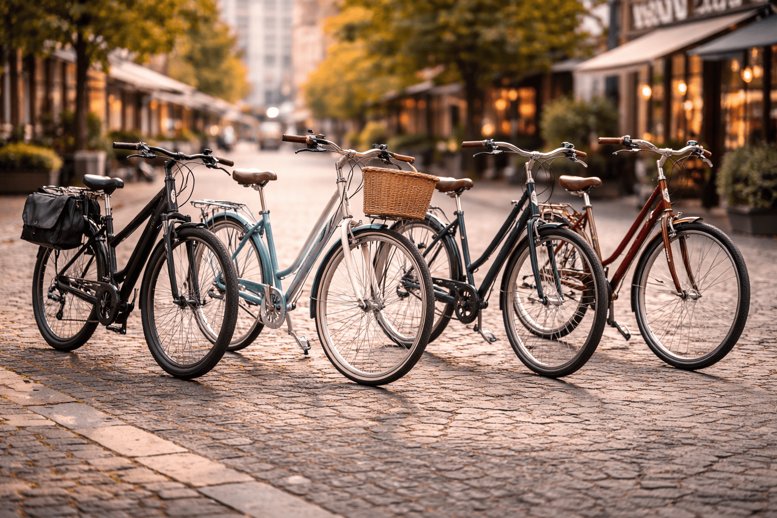 Fünf Citybikes auf einem Kopfsteinpflasterweg